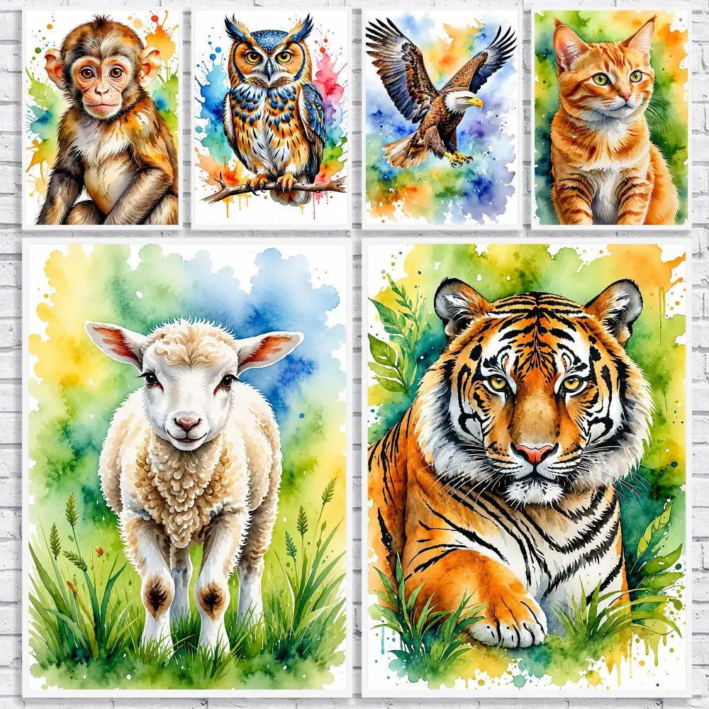 Watercolor Animal Art Painting Calligraphy High-Quality Canvas Wall Mural Crease-Free for Living Room Bedroom Interiors