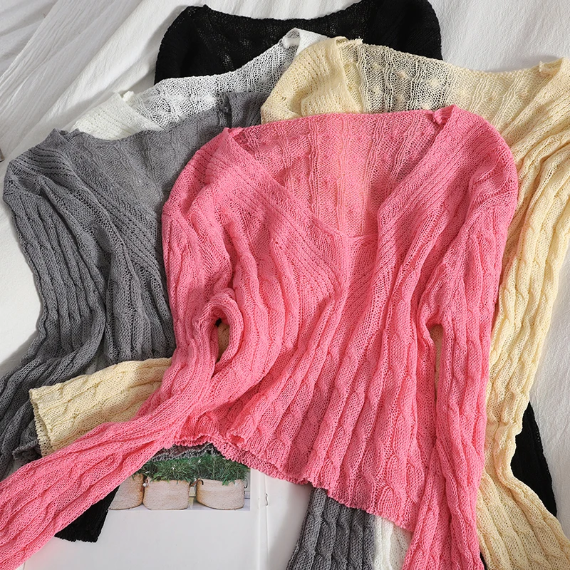 

Hollow out knitwear women's long sleeve V-neck jumper thin knit long sleeve T-shirt