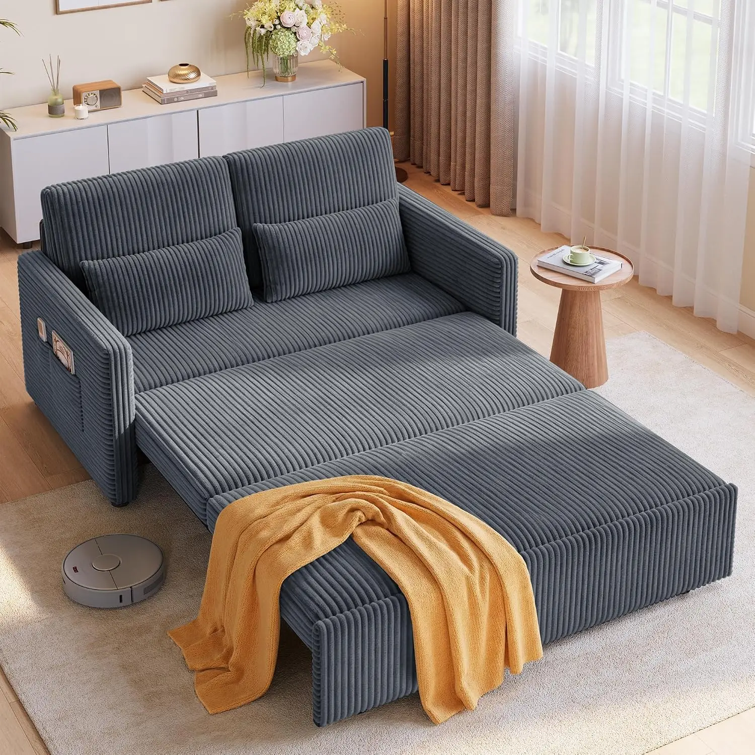 77.2'' Pull Out Sofa Bed, 3-in-1 Sleeper, Corduroy Fabric, Space-saving For Apartment & Studio, Side Pockets, Customized