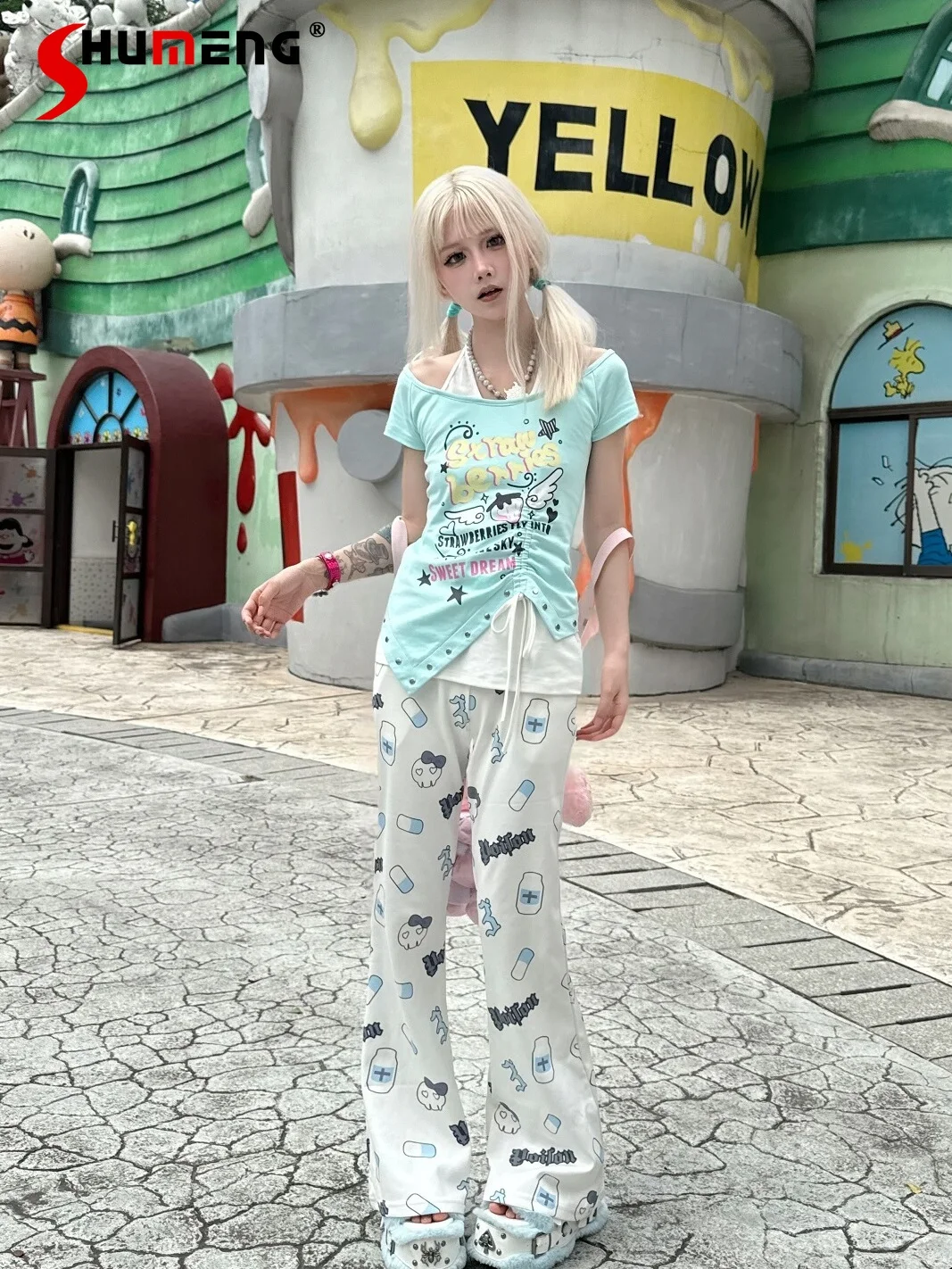 Nueva moda Popular pantalones estampados versátiles estilo japonés subcultura impresa Casual pantalones largos adelgazantes para pantalones de mujer