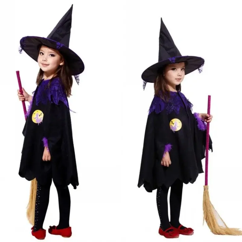 Purim New Year Halloween party cosplay costume for girls Black Witch cape with hat flower girl dress