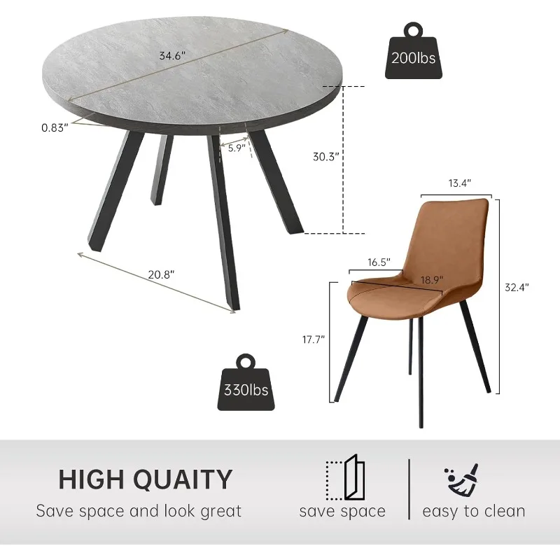 Round Dining Table Set, Mid Century Modern Small Round Dining Table Set, Saving Space (Table + 4 Brown Chairs)