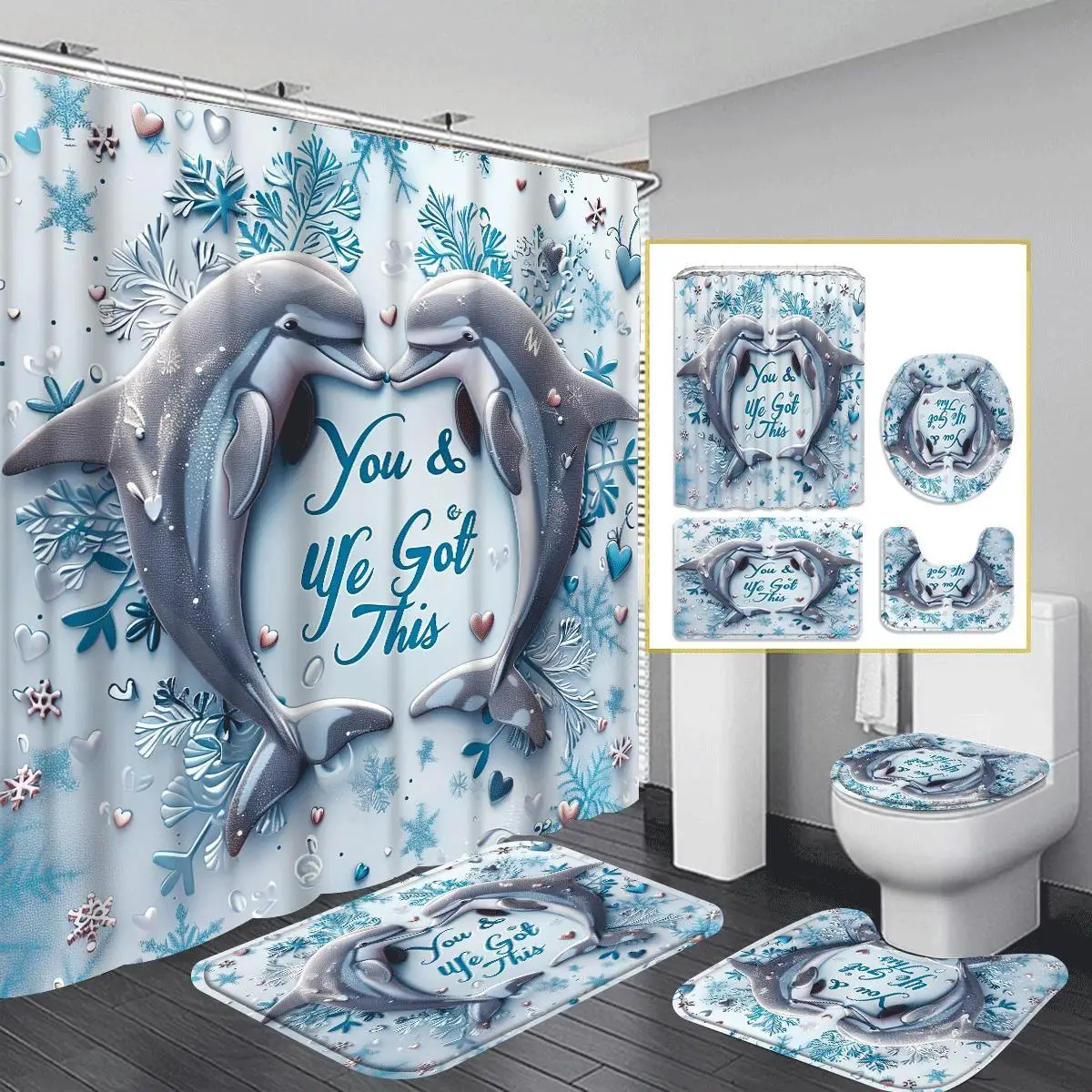 

Набор для ванной комнаты Dolphin Rose из 4 предметов, нескользящий коврик для ванной комнаты, U-образный коврик для унитаза, чехол на сиденье унитаза, занавеска для душа
