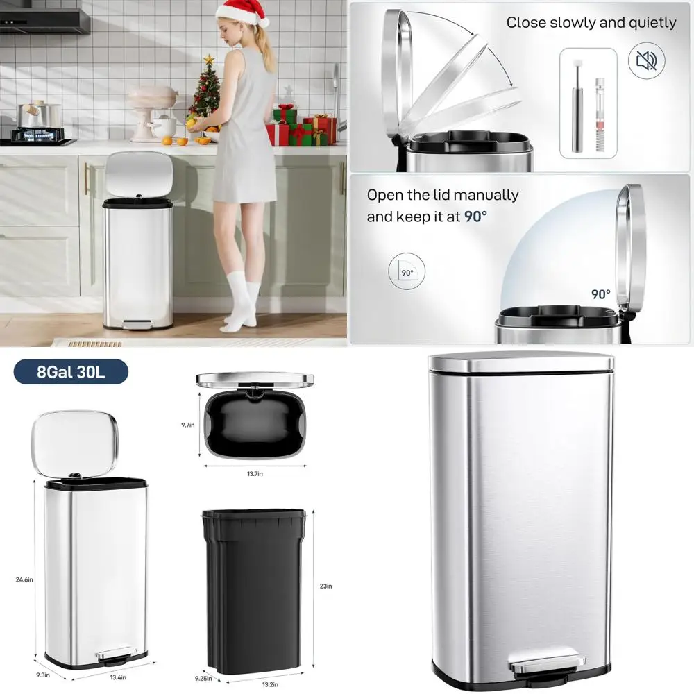

Корзина для мусора из нержавеющей стали 30 л со съемным пластиковым контейнером, мягкой крышкой, устойчивым к отпечаткам пальцев, идеально подходит для кухни и дома