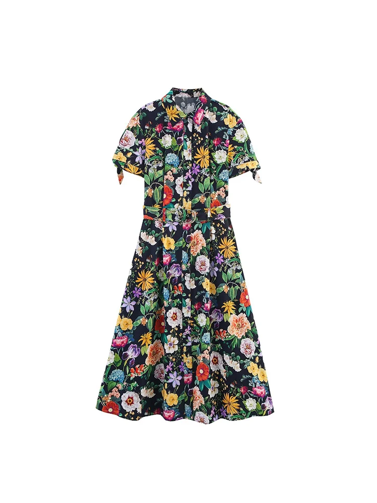2025 Vrouwen Zomer Shirts Jurk Vintage Print Bloemen Korte Mouw Poplin Vrouwelijke Elegante Straat Jurken Kleding