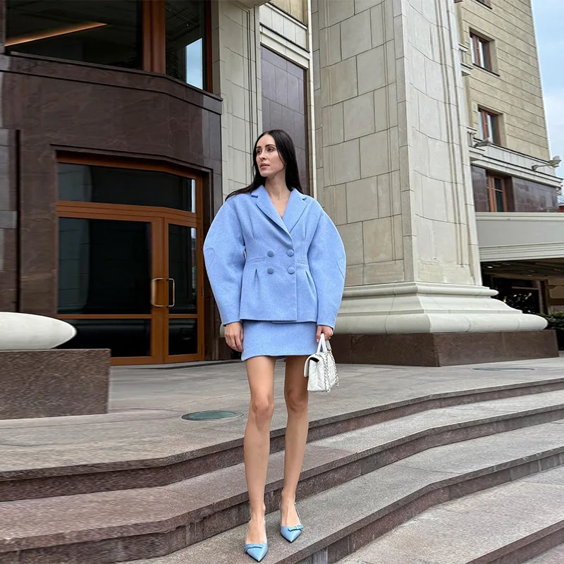 

Women Blue Double Breasted Suits Slim Fit Jacket Short Skirt Set Elegant Solid Color Two-piece Set 2025 Autumn New Suit