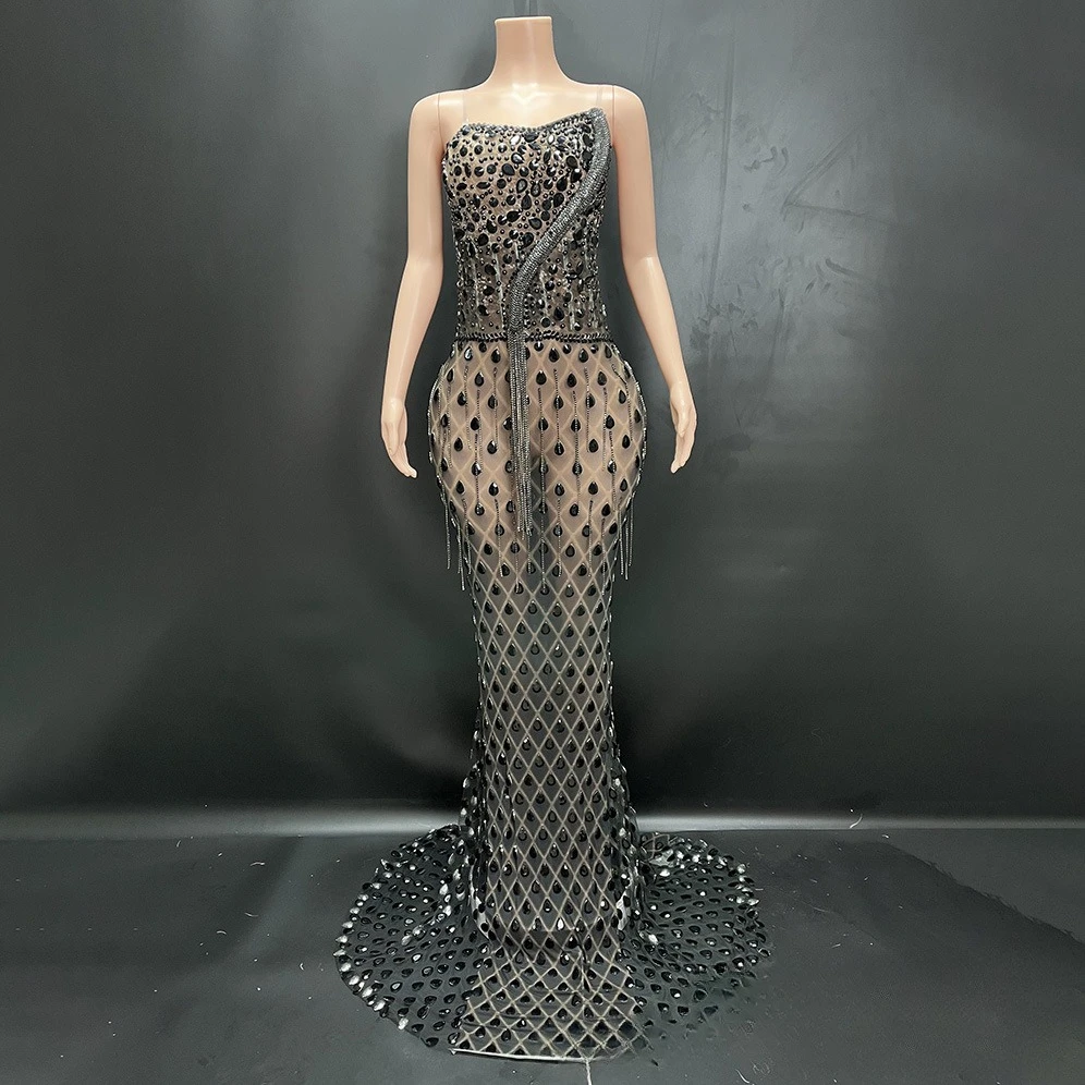 

Heavy Industry Luxury Sexy Full Diamond Skinny Rhinestone Shining Dress Long Trailing Tassel Elegant Ball Gowns Robe Strass Doré