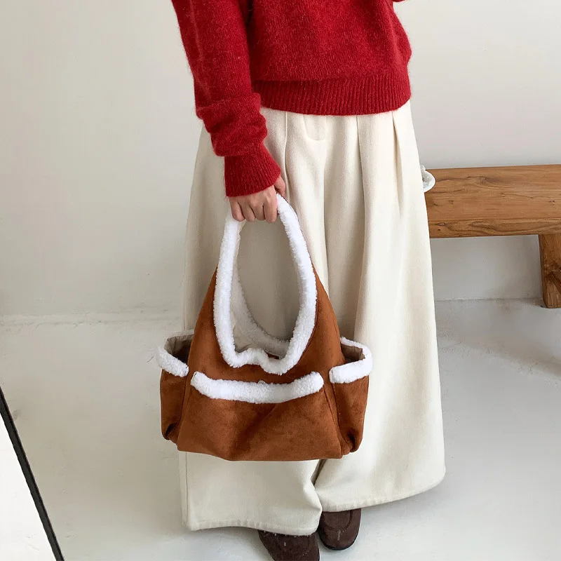 

Autumn Winter New Style Color Block Lamb Fur Underarm Bag Large Capacity Commuter Niche Single Shoulder Furry Handbag