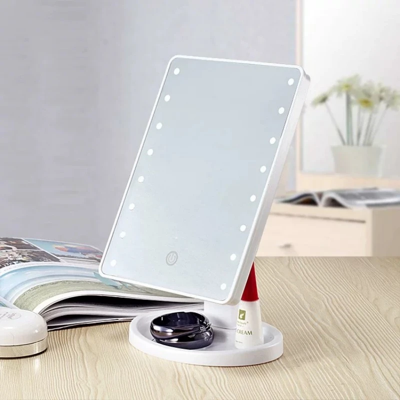 Espelho de vaidade com toque de 16 LEDs com 3 modos de luz, brilho ajustável, 360 °   Base giratória, compacta e portátil para casa, viagens,
