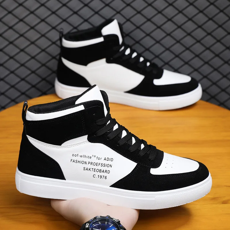 

New Spring Men PU Leather High Top Casual Shoes Fashion Four Seasons Boys Students Sneakers Anti-slip Male Board Shoes