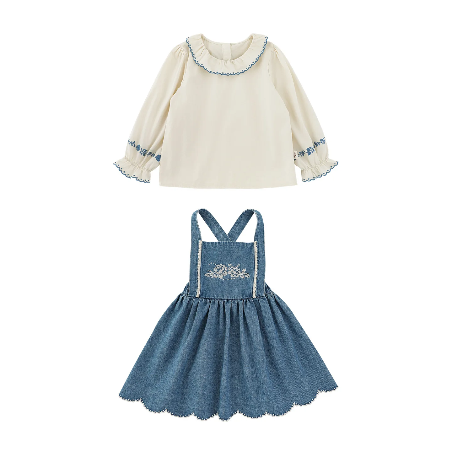 2026-new-kids-girls-shirt-and-denim-strap-dress-children's-clothing-set