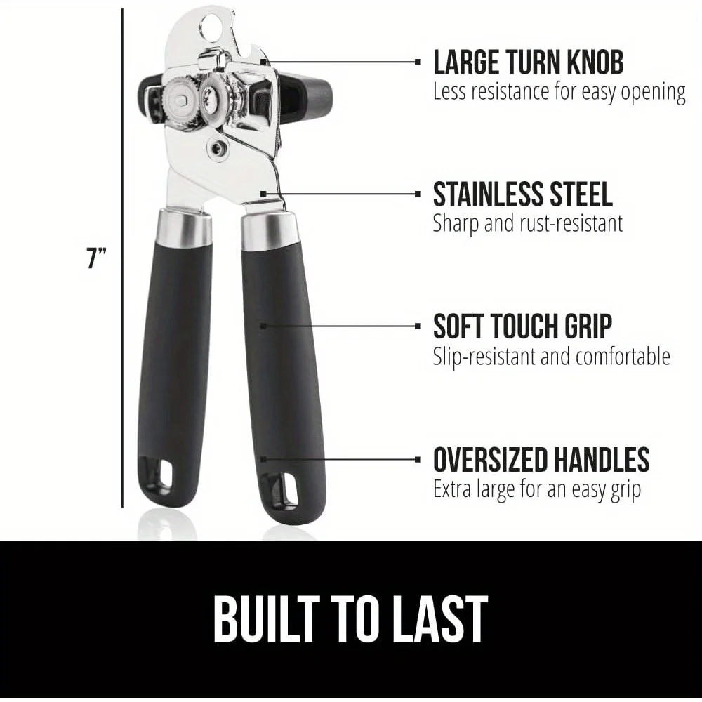 Heavy Duty Stainless Steel Smooth Edge Manual Hand Held Can Opener With Soft Touch Handle, Rust Proof Oversized Handheld Easy