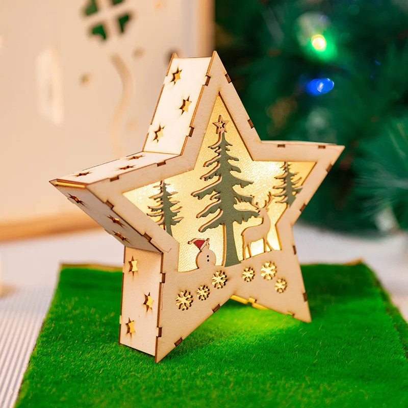 Casa de Navidad DIY, decoración de casa hecha a mano, adornos de cabina de madera brillantes, árbol de Navidad, muñeco de nieve, juguetes para niños