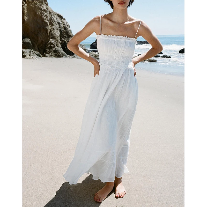 Vestido Midi F de Verão com Decoração Bordada em Camadas, Gola Solta, Estilo ter, Cintura Alta em Fibra de Poliéster