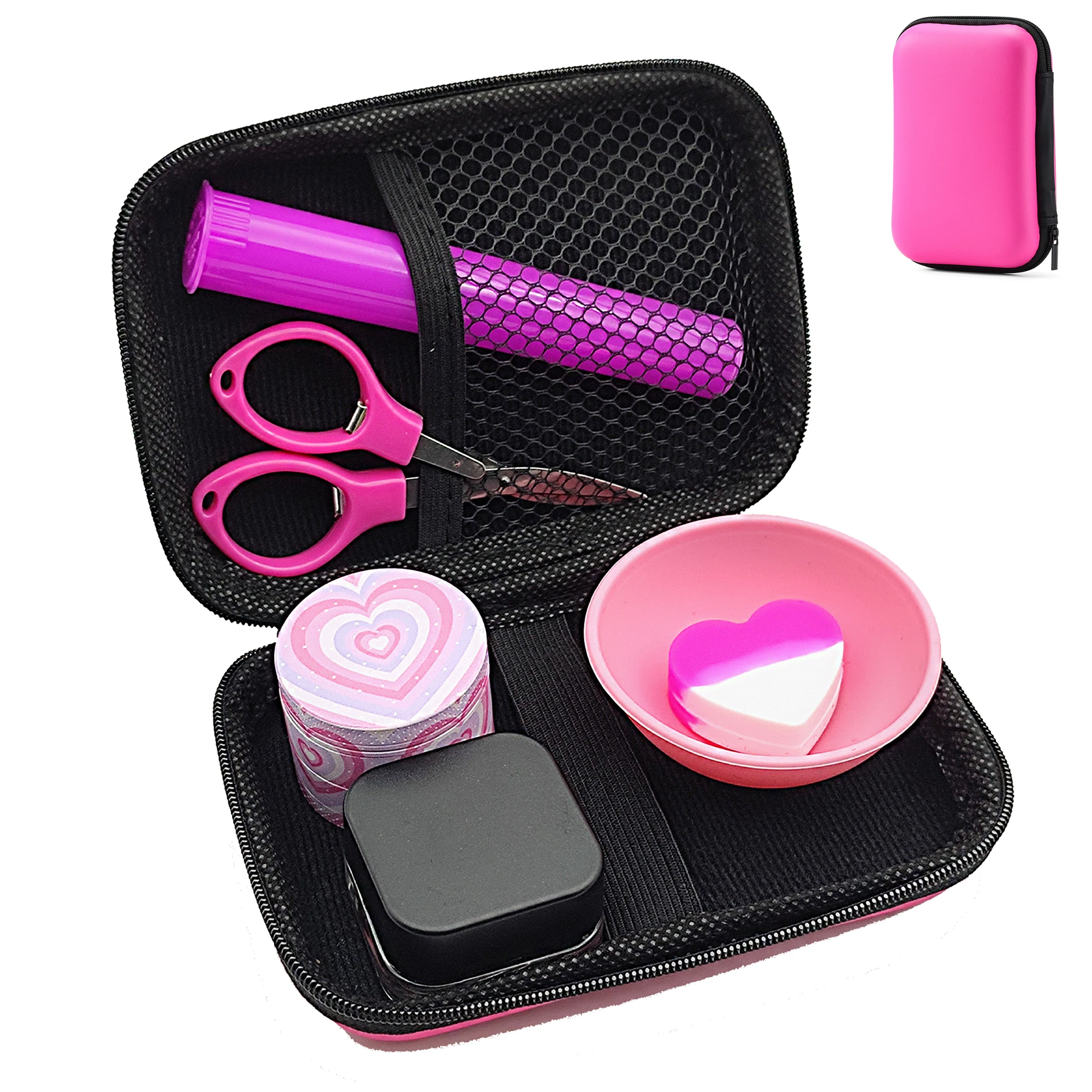 1Set Pink Grinder Smoking Kit 9ml Glass Jar With Safety lock 67mm Silicone Bowl Scissors Girly Gift Smoking Accessories