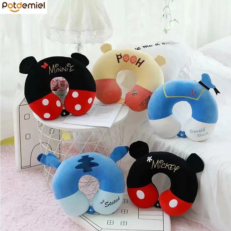 Cartoon Mickey Minnie Stitch Kawaii Travel Portable U-Shaped Pillow Car Office Hug Pillow Cervical Plush Pillow Boy Girl Gifts