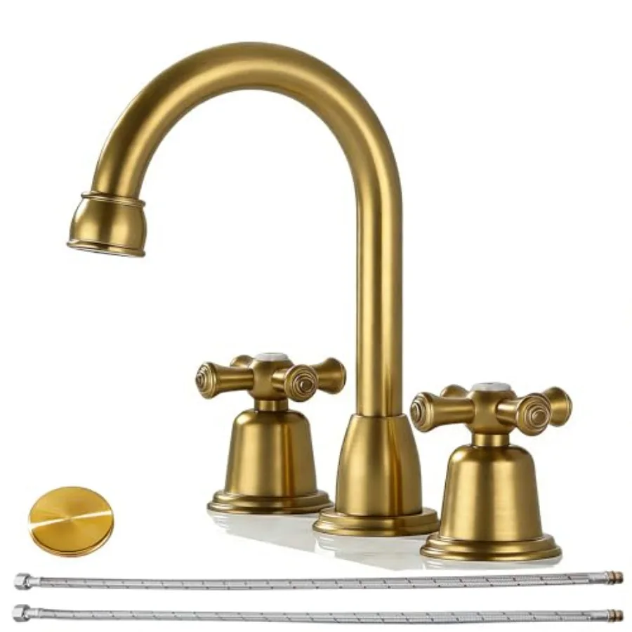 

Bathroom Faucets for Sink 3 Hole Gold 8 inch Widespread Bathroom Sink Faucet with Drain 2 Handles Cross Knobs Faucet Vanity Fau