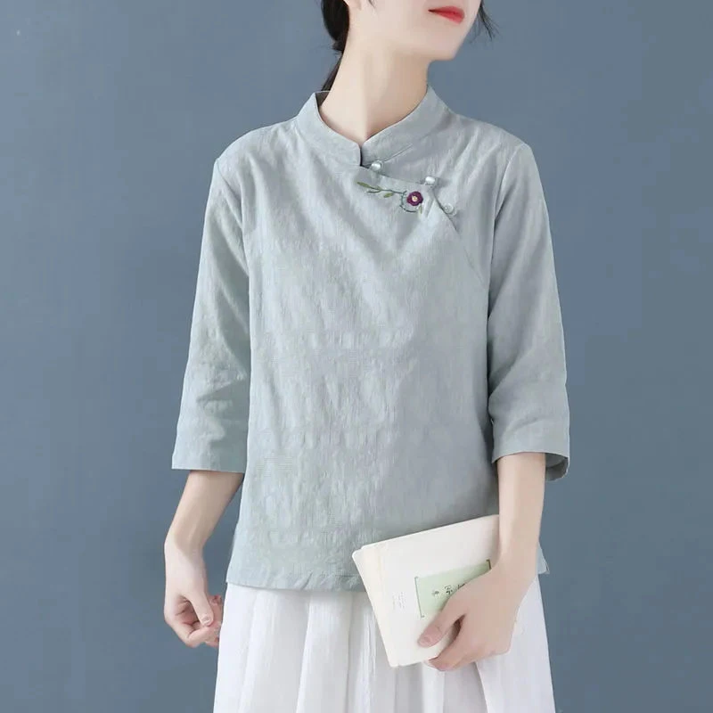Retro chinês algodão linho bordado irt verão plus size feminino casual gola superior assimétrico Sve cinco quartos...