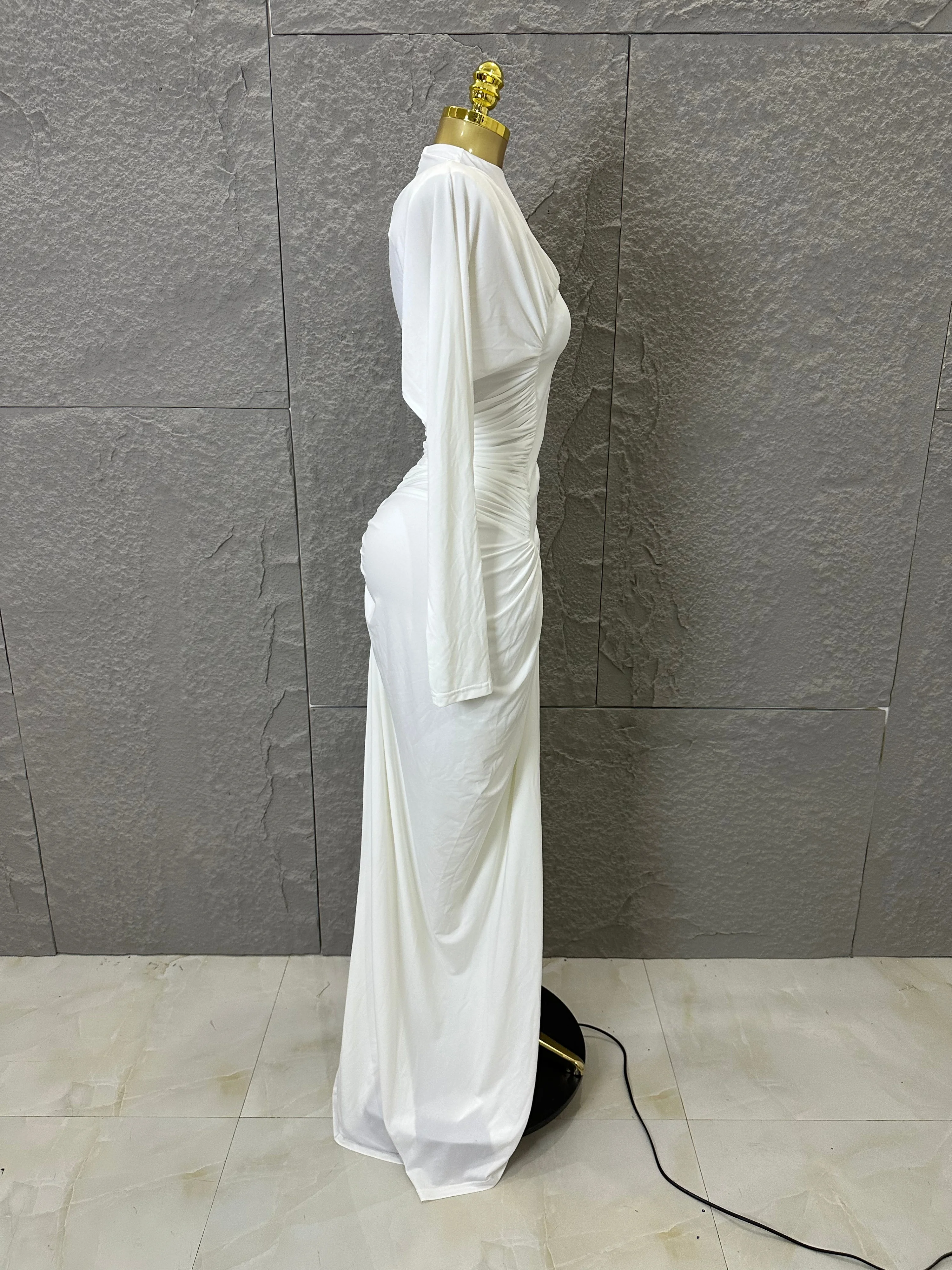 

Elegant White 2026 High Neck Long Sleeve Maxi Dress Women Sexy Heart Shaped Bust Draped Bodycon Outfit Art Event Party Costume