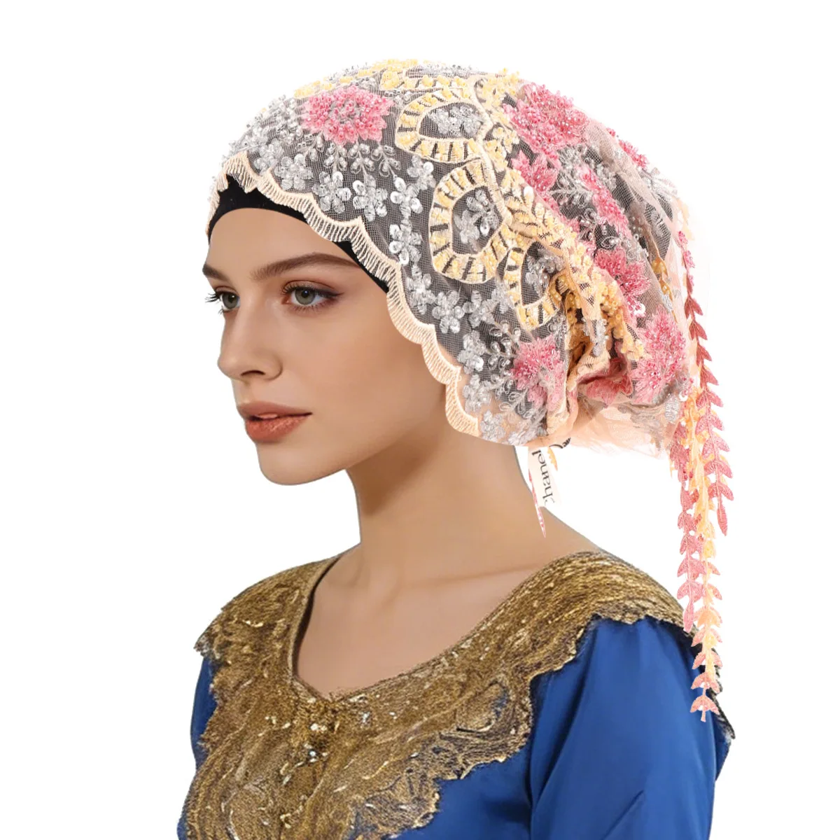 New Ethnic Tassel Headscarf Beaded Embroidery Turban Luxury Tassel Bonnet Women Muslim Hijab Lace Wedding Party Headwear Beanies - view 4