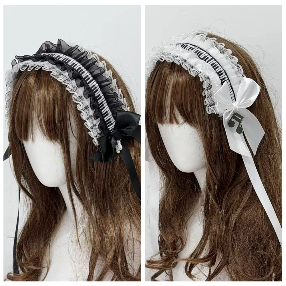 النمط الياباني أسود أبيض مفاتيح البيانو لوليتا مقوس دانتيل رباط شعر مع ملاحظات الموسيقى القوطية أغطية الرأس لوليتا إكسسوارات الشعر