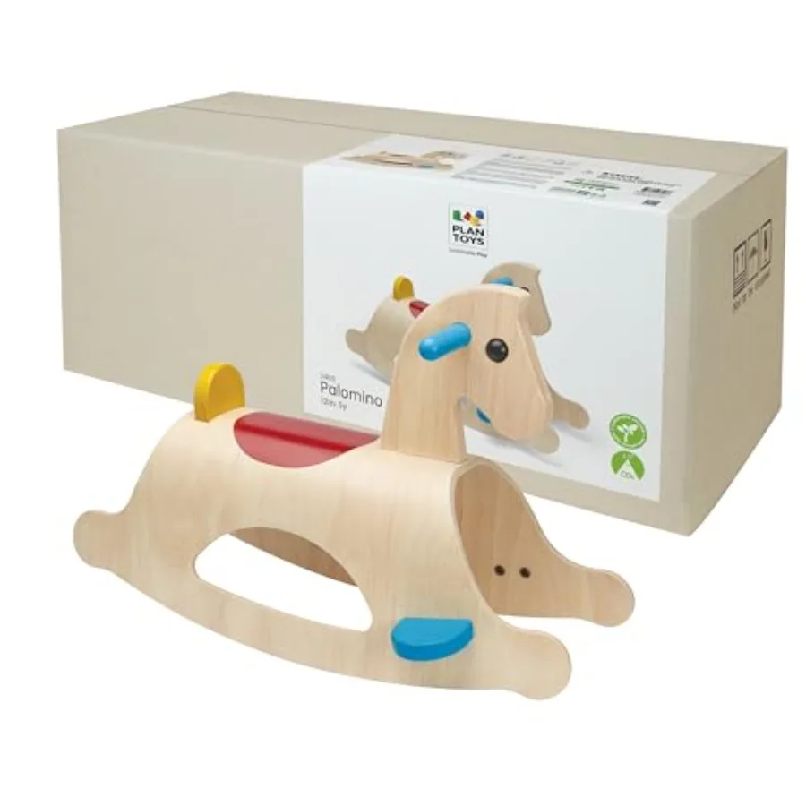 Caballo Balancín Clásico de Madera Palomino para Niños Pequeños, Juguete Montessori Ecológico con Acabado Natural para Equilibrio y Fuerza