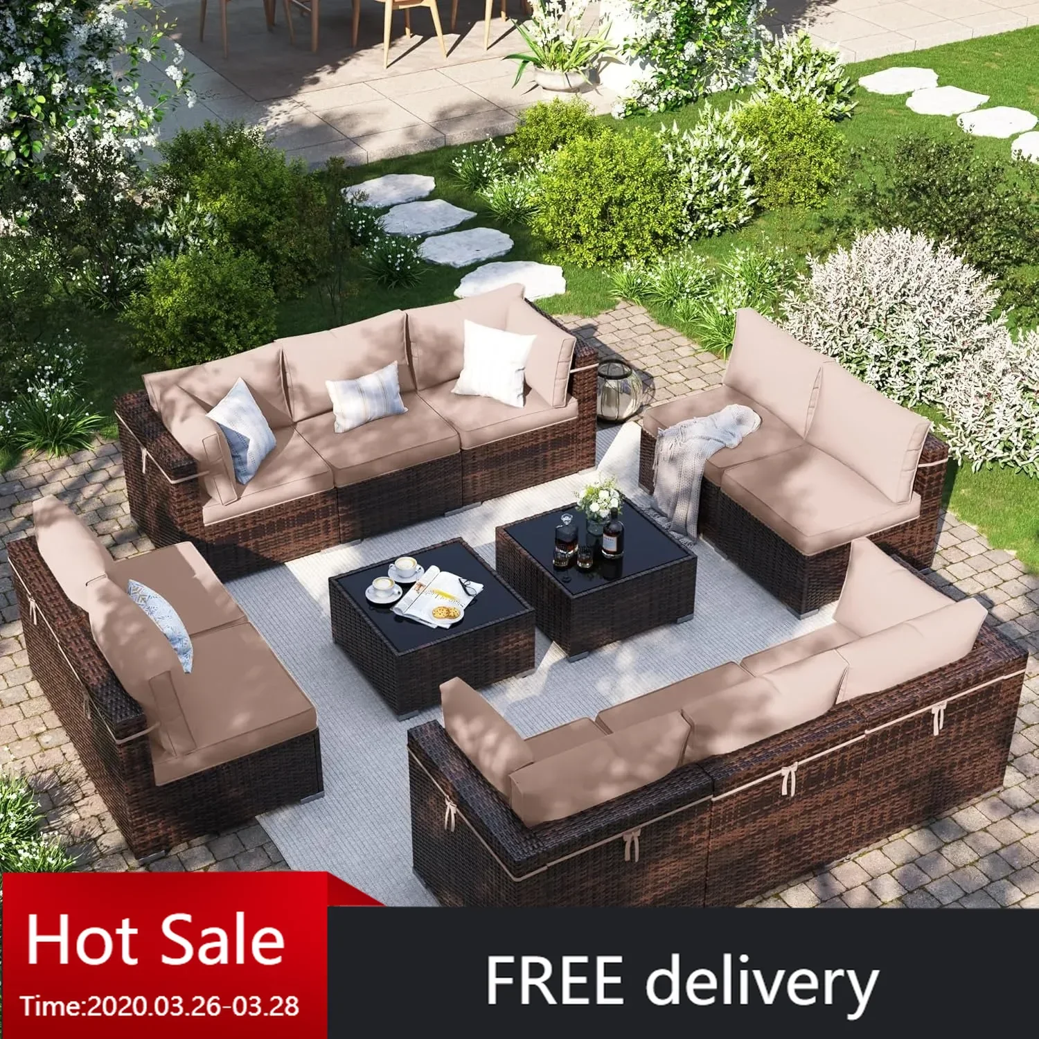 Patio Furniture Set, 12-Piece Outdoor Sectional with Waterproof Cover, Wicker Patio Conversation Sets (Brown w/ Beige Cushion)