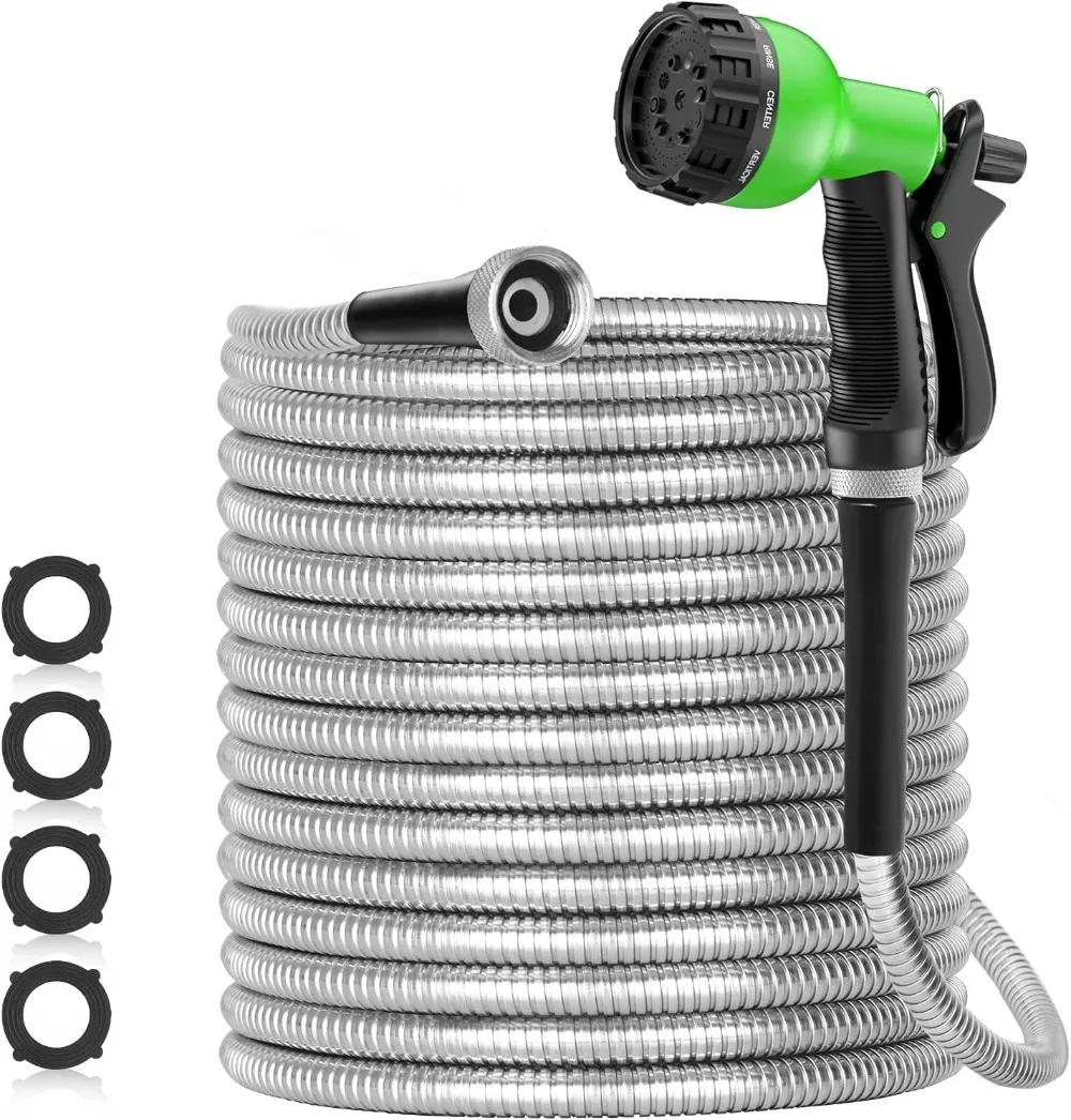 

304 Stainless Steel Garden Hose Metal, Heavy Duty Water Hoses with Nozzles for Yard Outdoor - Flexible Never Kink & Tangle