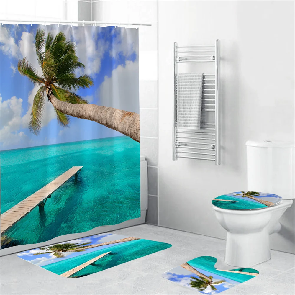 

Beach Palm Tree Bathroom Shower Curtain Set Blue Ocean Palm Carpet Shower Curtain Bathroom Polyester Fabric Waterprof Decoratin