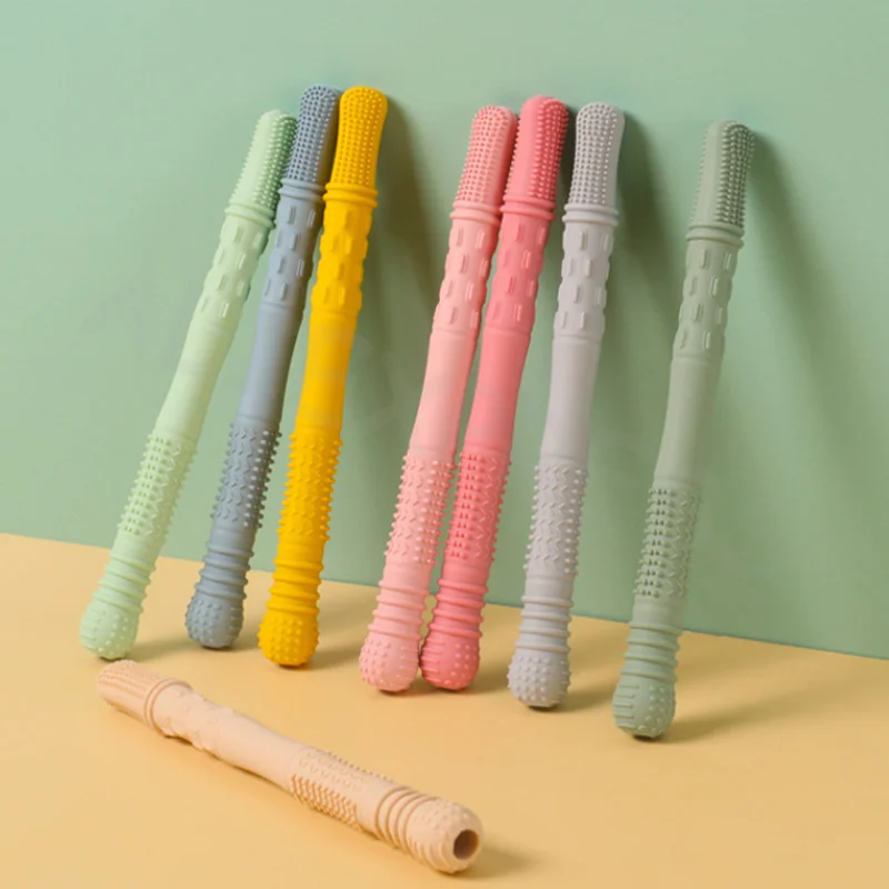 Anneau de dentition en paille de Silicone souple, jouet pour enfants, bâton molaire creux, Tube de dentition pour nouveau-né, en peluche, cadeau pour bébés