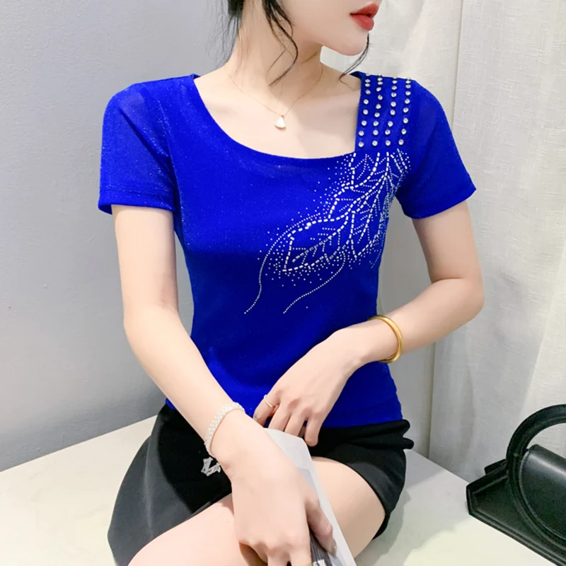 

New Summer Short Sleeved Skew Collar Women's Tees Elegant Slim Hot Diamond Beading Mesh Tops M-3XL T-Shirt