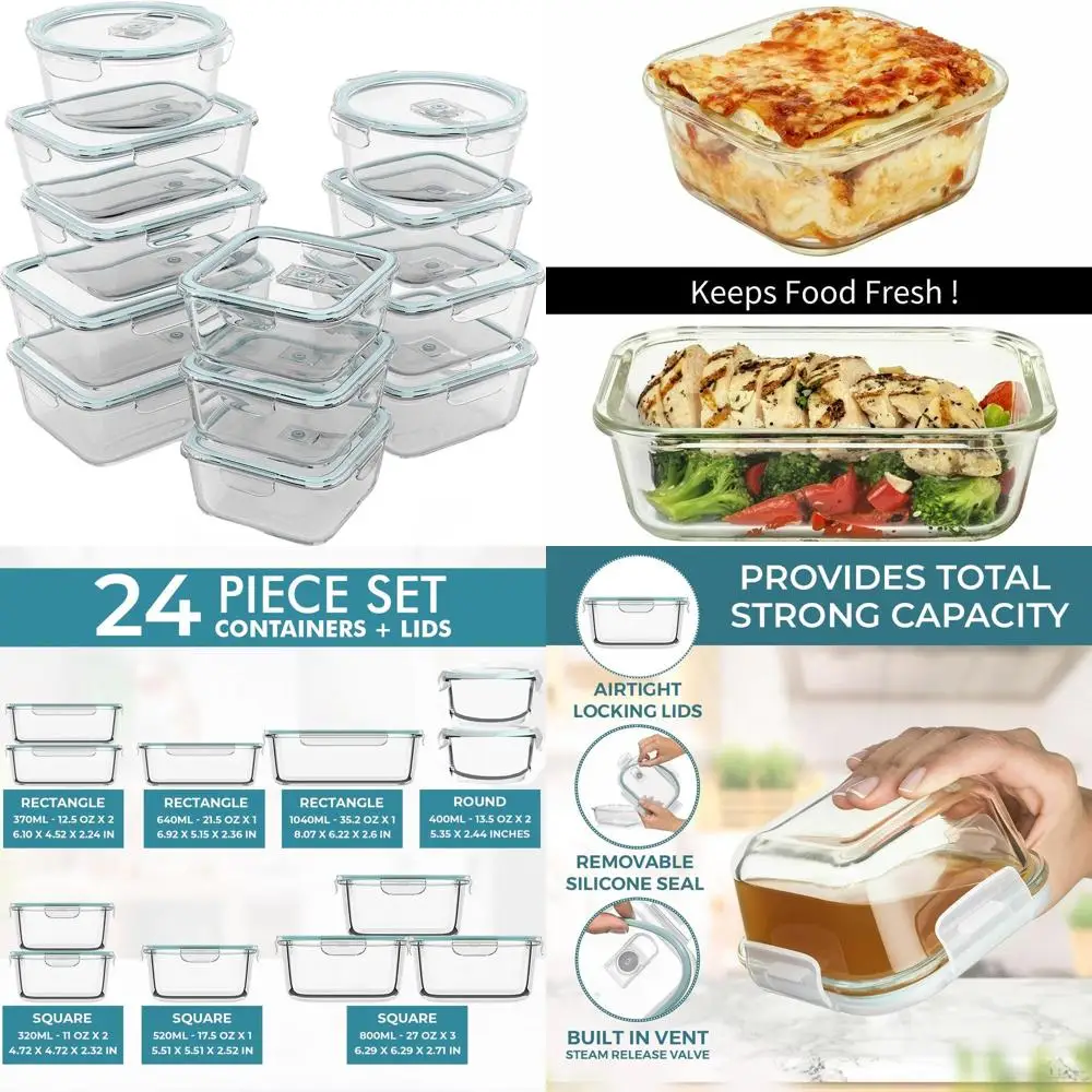 

Set of 24 Leak-Proof Glass Meal Prep Containers with Lids - Oven and Freezer Safe - BPA-Free, Airtight, and Steam-Release Featur