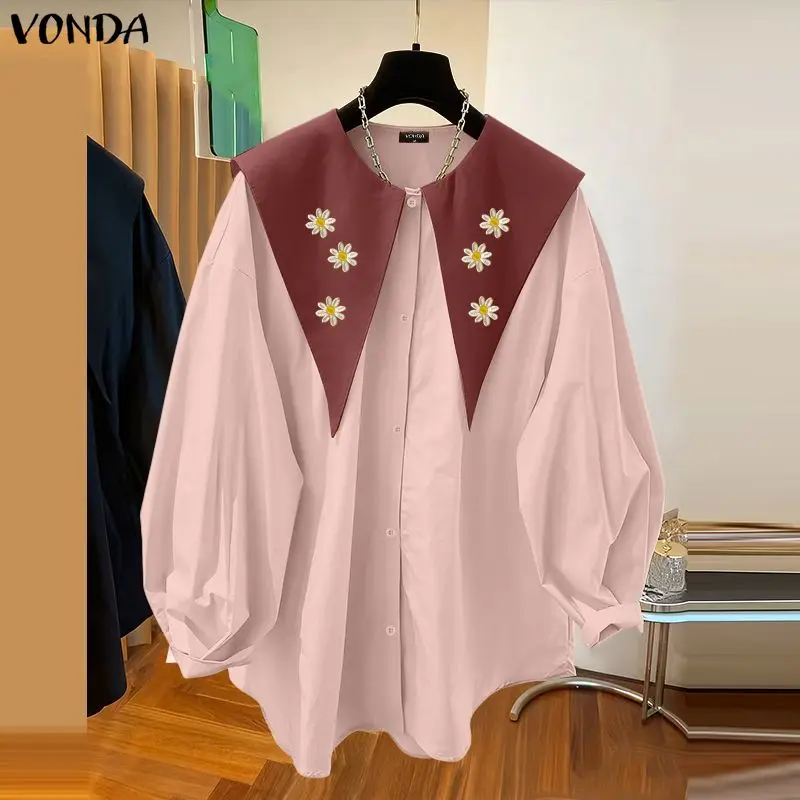 VONDA Fashion Floral Embroidery Shirts Women Long Sleeve Lapel Elegant Blouses Spring Casual Loose Tunic Tops Vintage Blusas