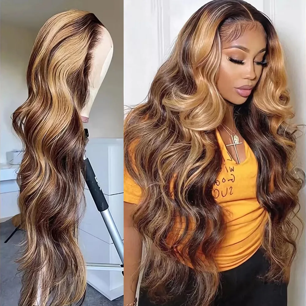 Highlight Ombre Body Wave Lace Front Wig Human Hair 13x4 13X6 4/27 Honey Blonde Lace Frontal Wigs Pre Plucked 200 Density