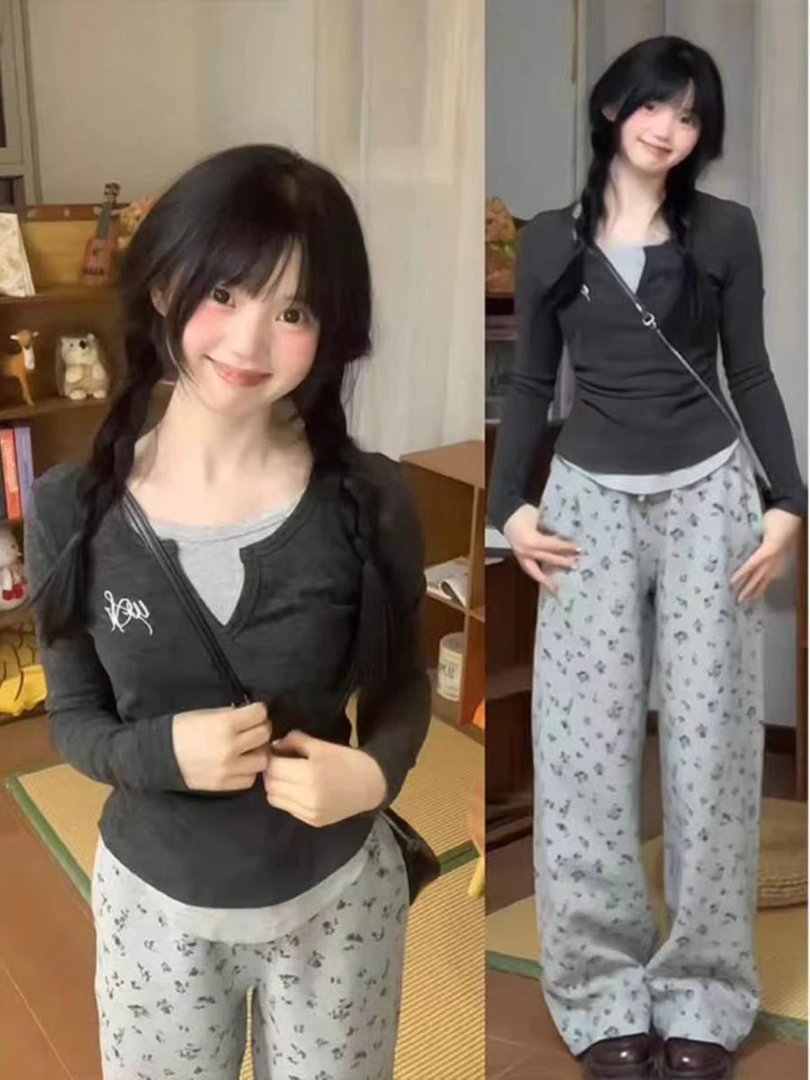 

ay Поддельная двухсекционная длинная футболка Све, женская осенняя новая дизайнерская футболка Sensation Ele Beautiful oulder Sweet And Spicy Small Top