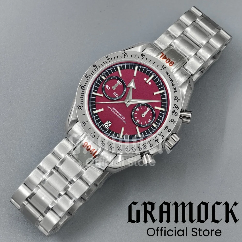 Gramock 2025 40mm Silver Fixed Bezel Retro Men‘s Moon Quartz Watch For Speed Sports Chronograph Coated VK64 Quartz Steel Strap