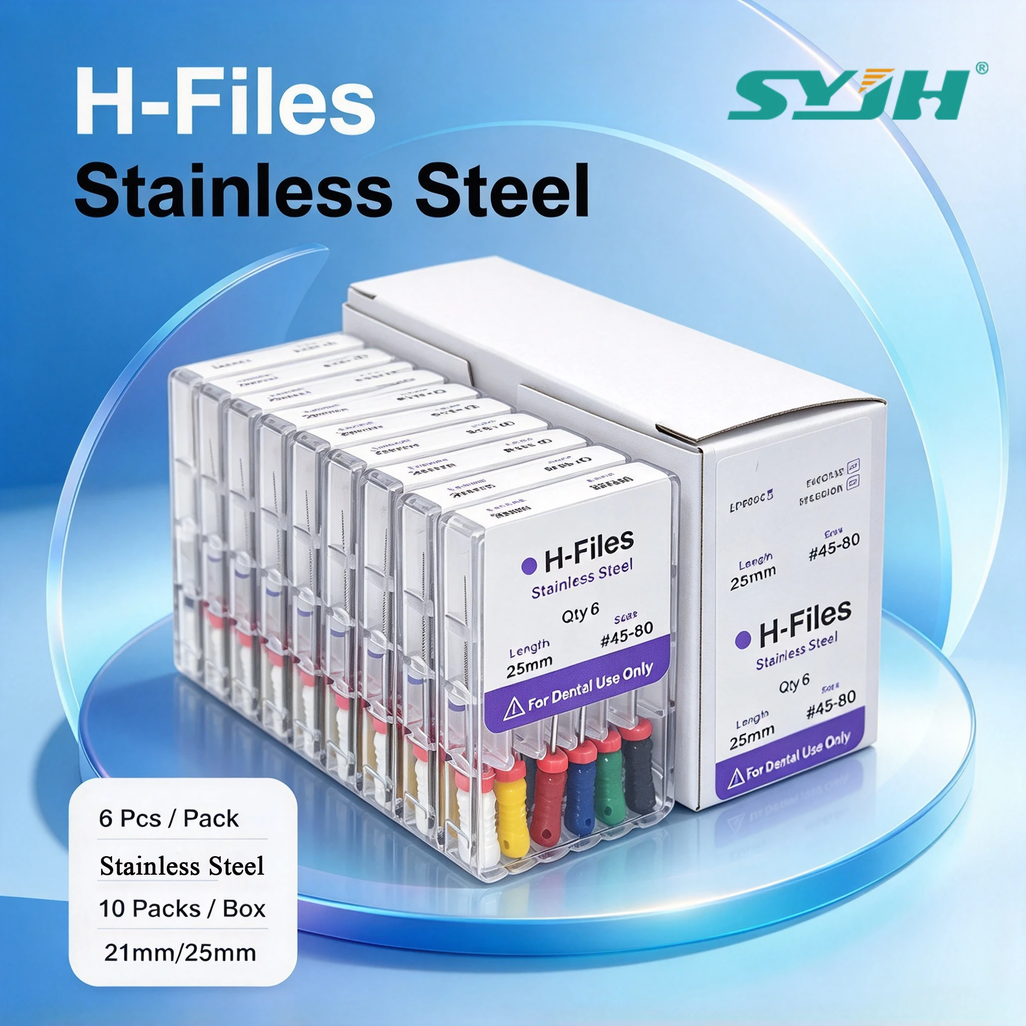 SYJH Dental Endodontic H Files 10 Packs/Box Hand Use Stainless Steel 21/25/28/31mm for Root Canal Treatment Cleaning & Shaping