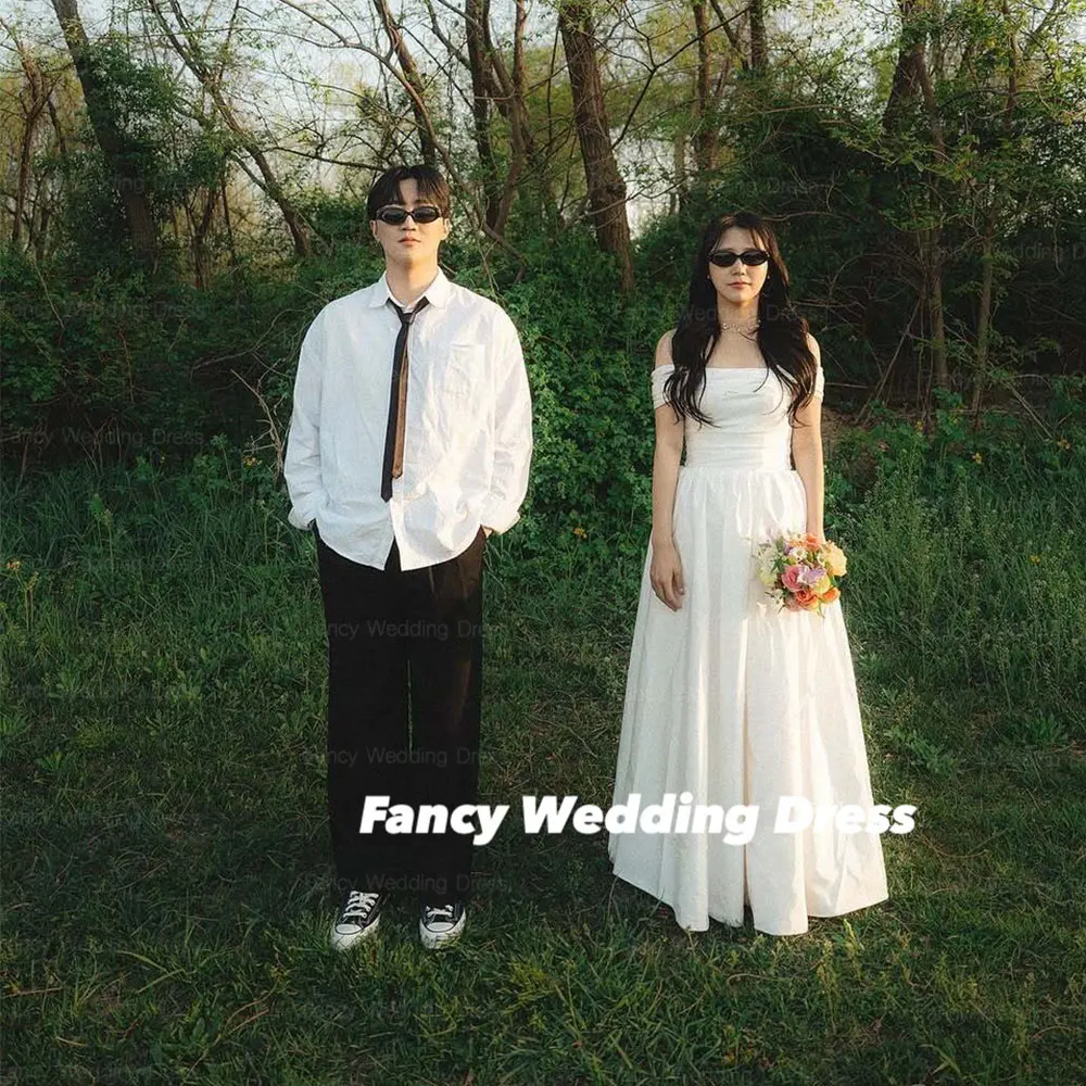 

Fancy Elegant Off Shoulder Wedding Dress Korea Photo Shoot Taffeta Short Sleeve Floor Length Prom Gown Back Corset Customized