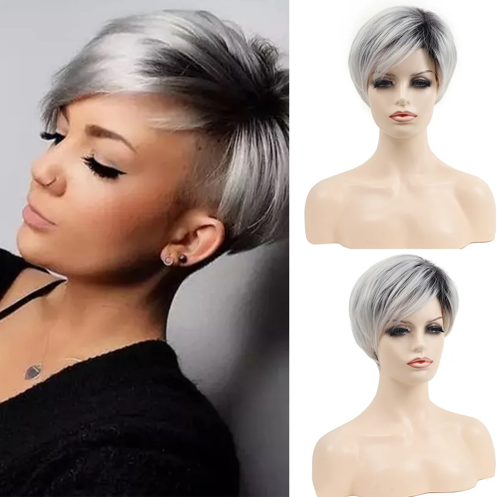 

Short Straight Wig for Women, Gray Ombre with Dark Roots, Heat Resistant Synthetic Hair, Bob Cut, Party Daily Fashion, Cosplay