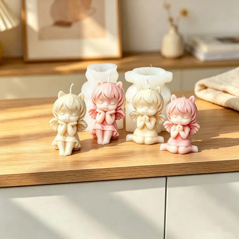 Angel Girl With Cat Ears Silicone Candle Mold Cute Praying Cherub Design For DIY Handmade Scented Candle Plaster Home Decor Gift