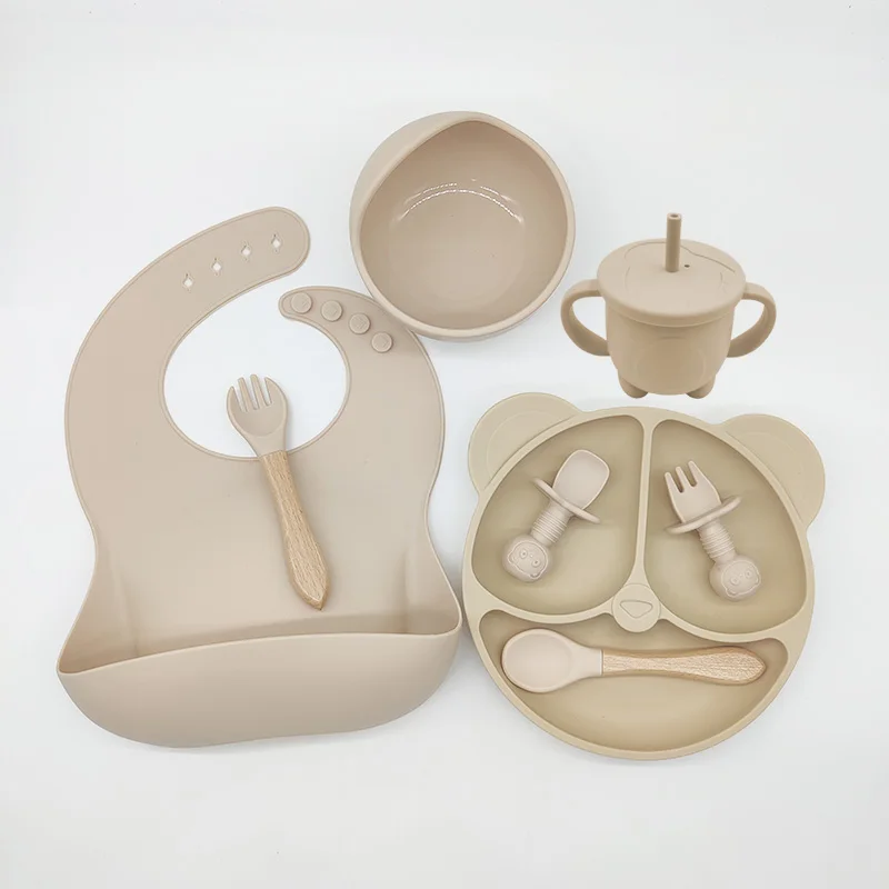 5/8P Baby Silicone Tableware Set Sucker Bowl Spoon Fork Feeding Cup Bib Divided Plate Infant Dishes Suction Children Dinnerware