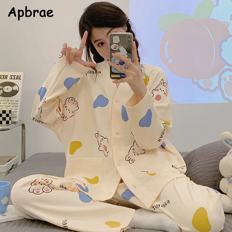 New Pajama Sets for Women Spring Autumn Kawaii Bear Print Pijamas Faux Cotton Cardigan Sleepwear Long Sleeve Japanese Loungewear