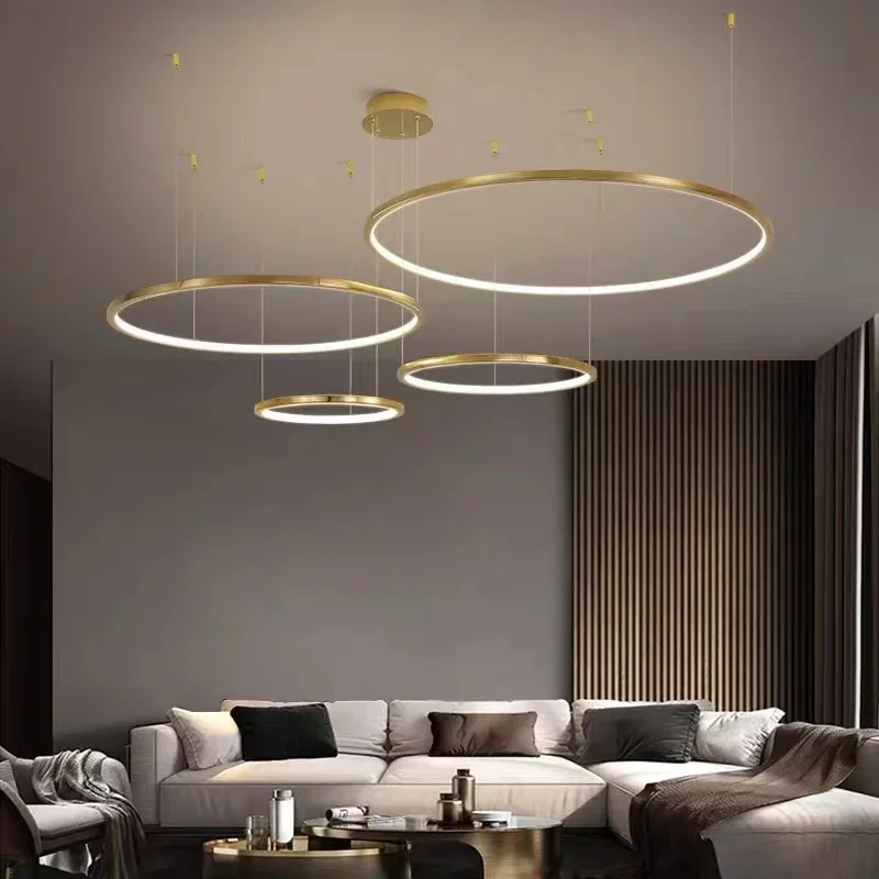 

Modern Gold LED Chandelier For Living Room Ring Design Home Indoor Lighting Fixtures Simple Round Stainless Steel Hanging Lamps