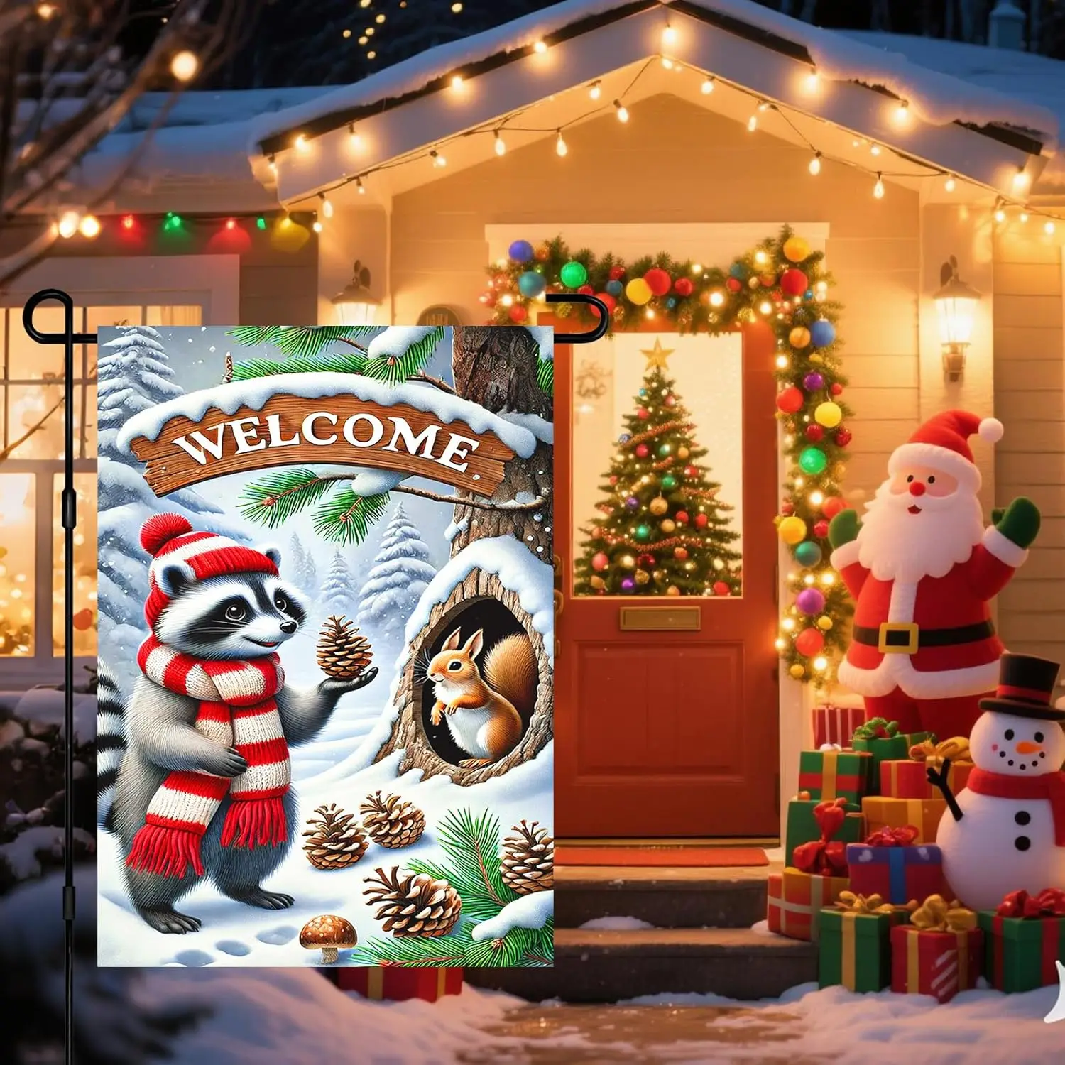 Welcome Winter Garden Flag Raccoon Squirrel Flag Snowy Forest Pinecones Festive Outdoor Yard Decor 12x18 Inch Double Sided B hhz
