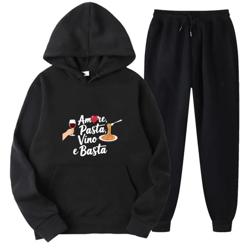 طقم هوديي رمادي + نمط ونص مطبوع Amore Pasta Vino e Basta