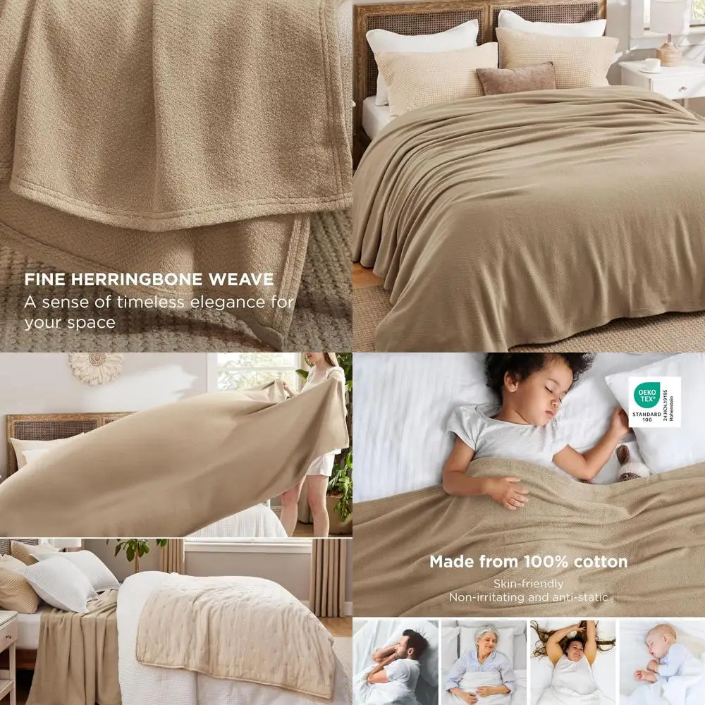 

Большое хлопковое одеяло King Size - 120x94 дюйма, дышащее, с плетением в елочку, светло-коричневое, для лета или в качестве покрывала для дивана