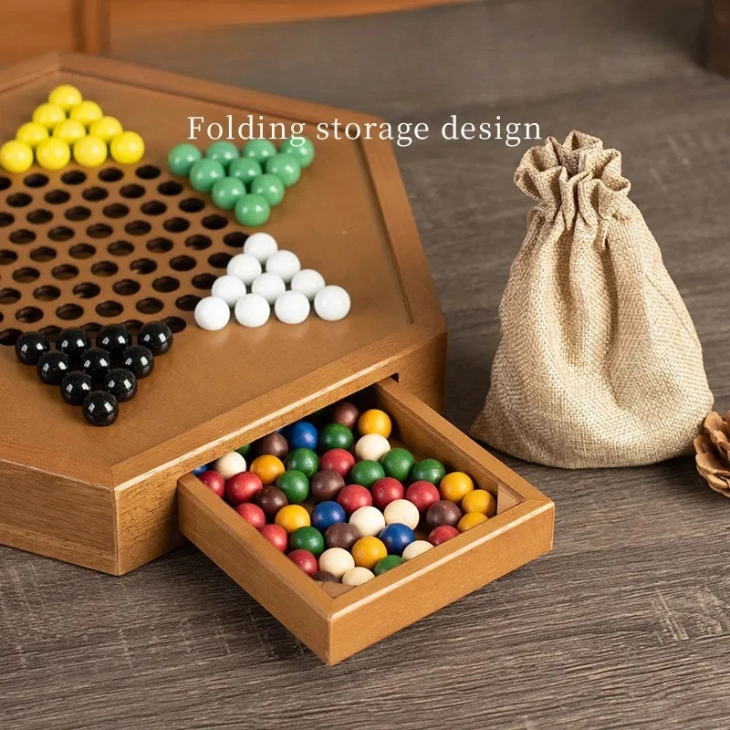 Wooden Chinese Checkers Board Game with Drawer Storage, Hexagonal Chessboard Family Puzzle Toy
