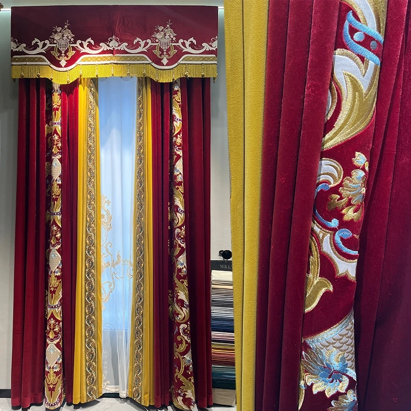 Custom living room high-grade American wedding room festive red velvet cloth blackout curtain tulle valance drape C2117