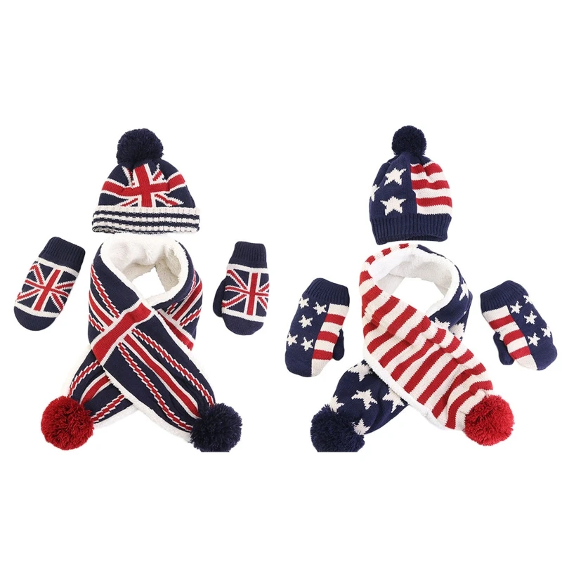 

Toddler Kids 3 Pieces Winter Warm Beanie Hat Long Scarf Gloves Set USA American UK British Knitted Skull Neck