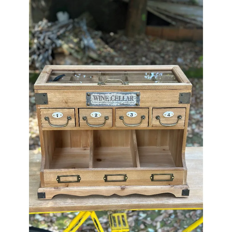 Country Style Retro Small Furniture Extra 15 Grids Solid Wood Glass Treasure Cabinet Jewelry Cabinet Storage Cabinet